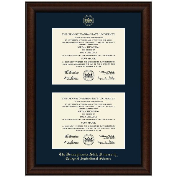 #106 Penn State College of Agricultural Sciences double diploma frame Lenox (Walnut)